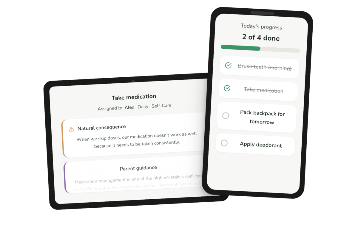 Fledgery parent task detail with bridged consequences and kid daily progress view