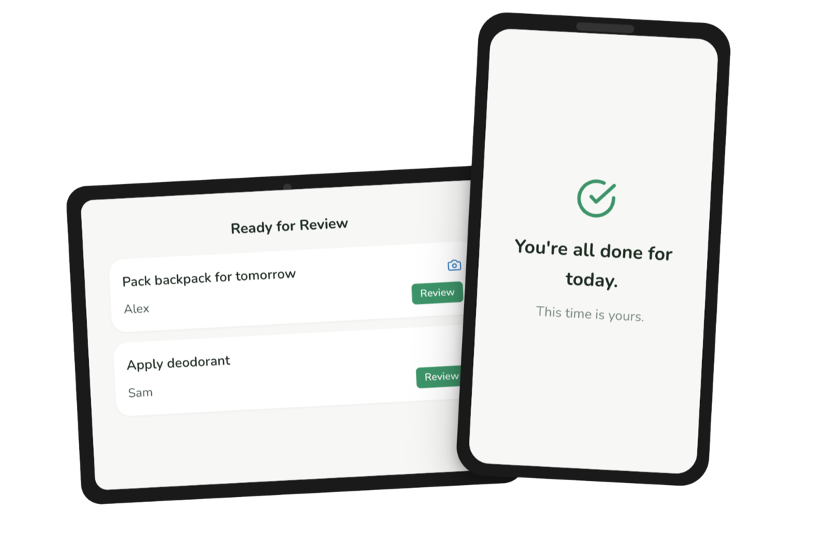 Fledgery parent review queue and kid completion celebration view