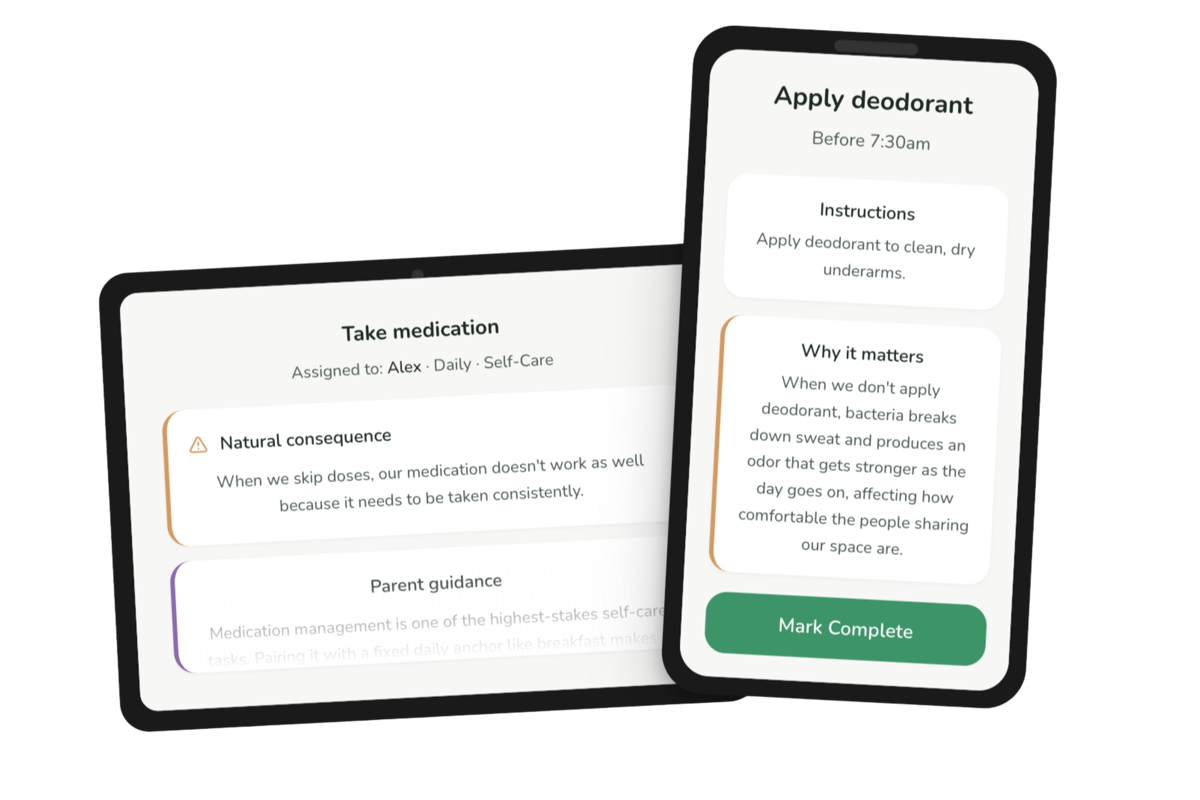 Fledgery parent consequence detail and kid task instruction view
